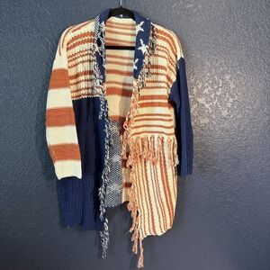 Vintage-Inspired Stars & Stripes‎ Fringe Cardigan Sweater | Knit Size XL
